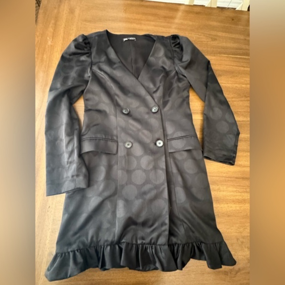 ZARA Black Polka Dot Long Blazer Dress with Ruffle Hem - Size M